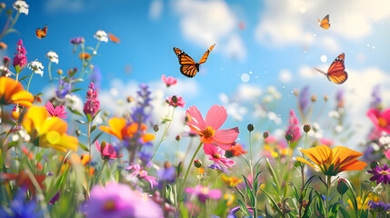 Fototapeta na wymiar Colorful butterflies fluttering among vibrant wildflowers