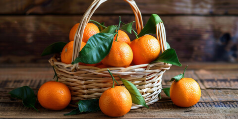 Fresh Oranges with Green Leaves in Wicker Basket on Wooden Background