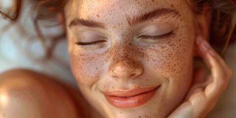 Fototapeta premium Serene Freckled Woman Enjoying a Peaceful Moment