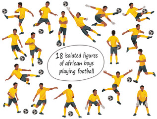 African school boys football players in various poses in yellow T-shirts on a white background