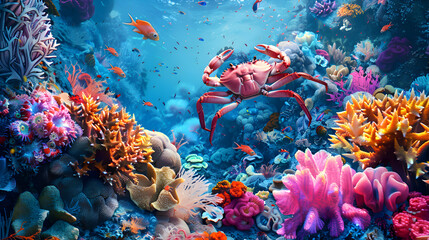 Crabs scuttling amidst colorful coral reefs near the shore - obrazy, fototapety, plakaty