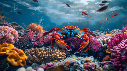 Crabs scuttling amidst colorful coral reefs near the shore