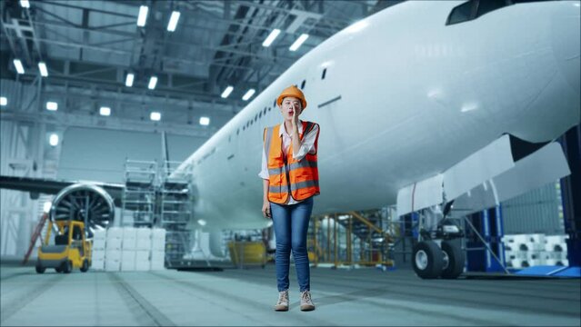 Full Body Of Asian Female Engineer With Safety Helmet Yelling With Hand Over Mouth While Standing With Aircraft In The Hangar