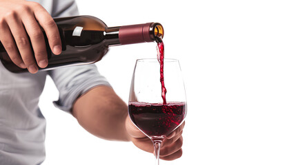 The bartender poured red wine into a glass isolated on a white background