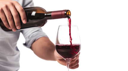 The bartender poured red wine into a glass isolated on a white background