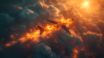 a passenger plane that caused an engine fire accident while flying in the sky
 - obrazy, fototapety, plakaty