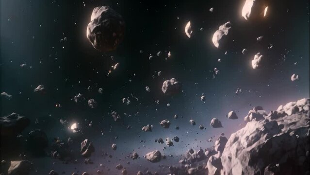 Closeup on meteor lumps in space Dark background