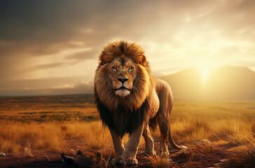 lion in the sunset wild 
