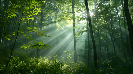 Dappled sunlight filtering through thick canopy onto forest floor - obrazy, fototapety, plakaty