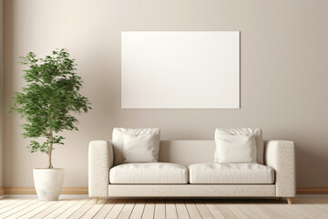 Minimalistic white frame on beige and Scandinavian walls, showcasing a modern living room's...