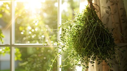 A bushel of thyme hanging to dry in a sunny window - obrazy, fototapety, plakaty