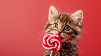 A kitten licks a large swirl lollipop on a red background - obrazy, fototapety, plakaty