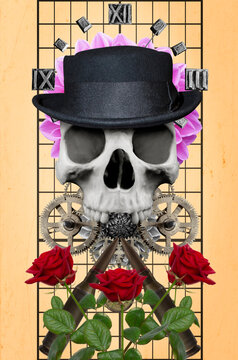 Collage with human skull in hat