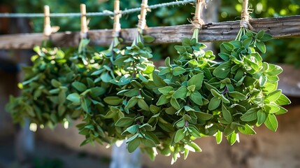 A bundle of fresh oregano hanging to dry