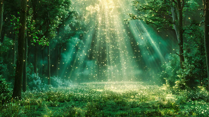 Fototapeta na wymiar Forest Bathing in Sunlight, Natures Warm Embrace, A Morning of Solace and Renewal
