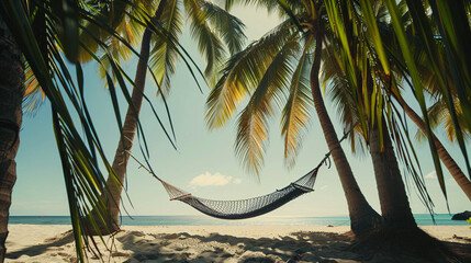 A lone hammock strung between two palm trees, swaying gently in the summer breeze - obrazy, fototapety, plakaty