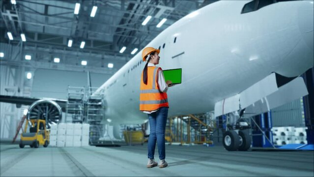 Full Body Back View Of Asian Female Engineer With Safety Helmet Standing With Aircraft In The Hangar. Looking At Green Screen Laptop And Looking Around While Aircraft Maintenance
