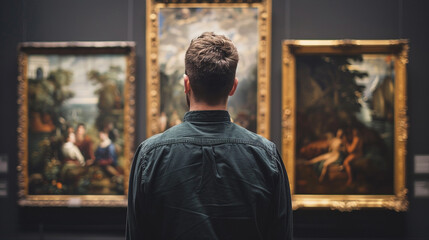 Man Observing Classic Paintings in an Art Museum Gallery