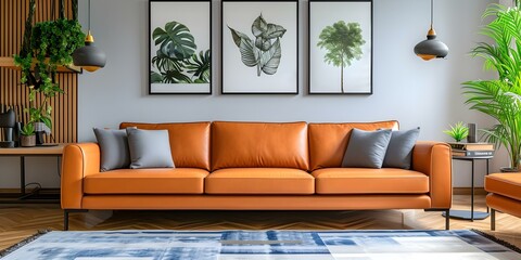 Autumn Vibes in a Modern Living Room with Vintage Leather Sofas. Concept Autumn Decor, Modern Living Room, Vintage Leather Sofas, Cozy Atmosphere, Fall Vibes