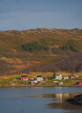 Small village settlement on the shore of a fjord