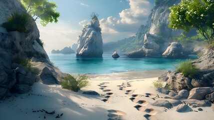 Footprints leading to a hidden cove amidst rugged cliffs - obrazy, fototapety, plakaty