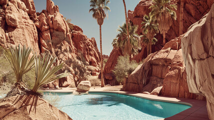  a hidden luxury oasis in the desert A turquoise pool nestled amidst red rocks reflects the azure sky