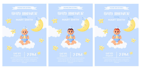 Baby shower invitation. Cartoon style vector illustration with baby boys with different hair and eye color, moon and stars in night cap, typography. 