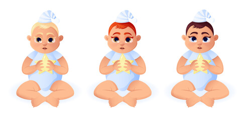 Baby boy set. Boys with different hair and eye color. Kid sitting in night cap and holding star. Cartoon style vector illustration.