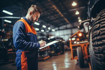 Auto check, car service shop concept. Automobile repairman writing job checklist on clipboard, mechanic checking engine to estimate repair machine, inspecting maintenance by engineer at vehicle - obrazy, fototapety, plakaty