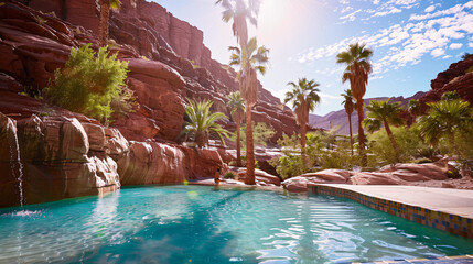 a hidden luxury oasis in the desert A turquoise pool nestled amidst red rocks reflects the azure...