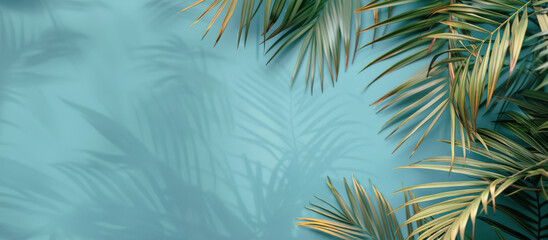 Fototapeta na wymiar Group of Palm Leaves Against Blue Background