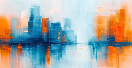 A vibrant painting depicting a city skyline with bold orange and blue colors dominating the scene.