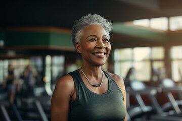 Elderly African American woman engaged in sports, gym fitness for seniors, healthy aging, active...