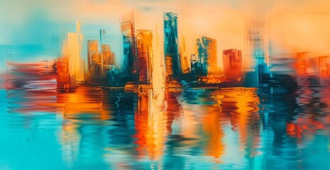 A painting depicting a city skyline with tall buildings reflected in the water below, creating a mirror image of the urban landscape.