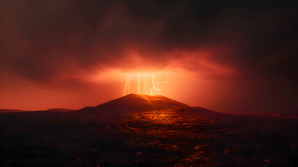 Lightning strikes a distant hill, setting the sky ablaze - obrazy, fototapety, plakaty