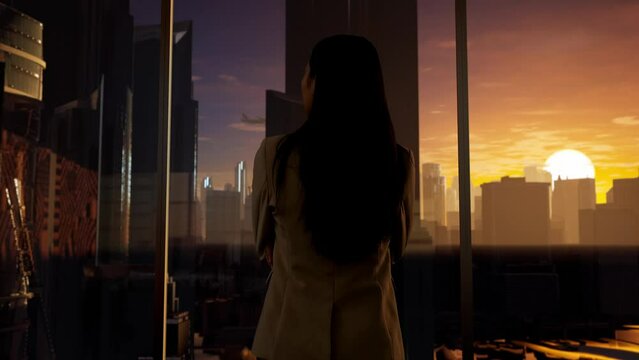 Asian Businesswoman Crossing Her Arms And Looking Out Of The Window On Big City With Skyscrapers At Sunset