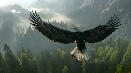 Majestic eagle soaring above a forested landscape - obrazy, fototapety, plakaty