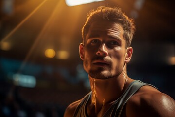 Portrait of a young muscular man standing at the gym and looking away