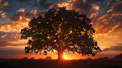 Majestic oak tree silhouetted against a fiery sunset sky