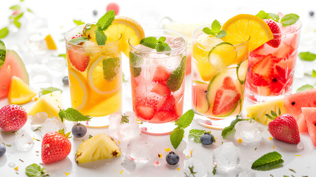Colorful cocktails adorned with fresh fruits isolated on a white background