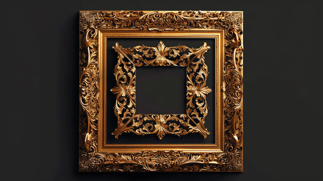 A square, golden vintage frame with ornate patterns, adding a luxurious touch to any artwork or photo.