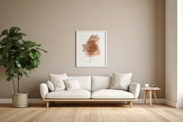 Simplistic white frame on beige and Scandinavian walls, offering a glimpse of a modern living room's essence - plain walls, wooden floor, and a potted plant.