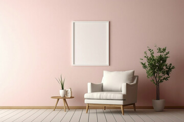 Single sofa chair against a soft-colored wall with an empty frame.