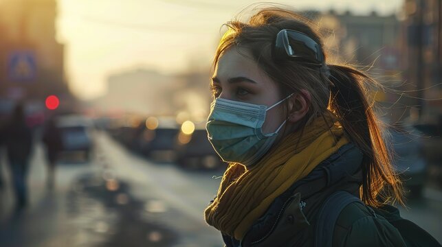 People Wearing Masks With Industrial Pollution Haze In The Background