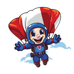 France flag badge mascot cartoon is skydiving with h