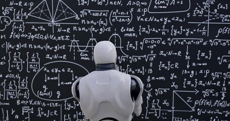 Human-like robot thinking out loud. Smart android person solving scientific problem writing formulas on chalkboard focused on studies. Future and knowledge 3D concept. - Powered by Adobe
