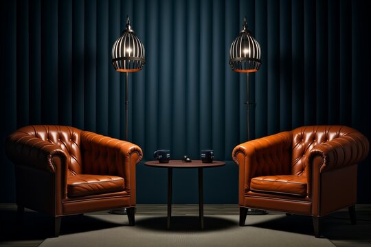 two chairs and microphones in podcast or interview room on dark background as a wide banner for media conversations or podcast streamers concepts with copyspace