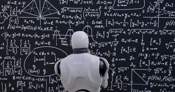 Human-like robot thinking out loud. Smart android person solving scientific problem writing formulas on chalkboard focused on studies. Future and knowledge 3D concept.