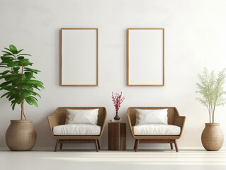 Step into a world of tranquility with a modern living room boasting a wicker chair, floor vases, and a blank mockup poster frame against a bright white wall.