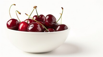 A bowl of ripe cherries with stems, isolated on a white background